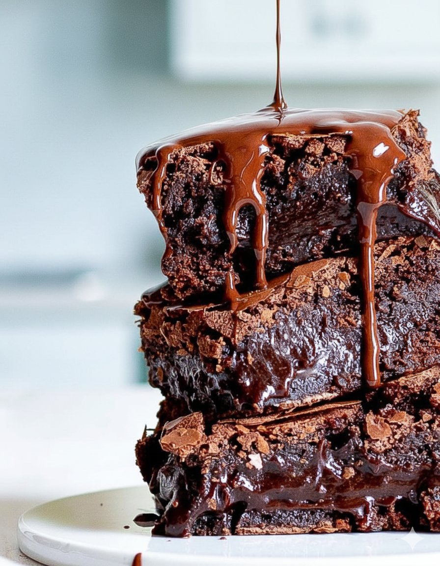 Fudgy chocolate brownies stacked with ganache drizzle