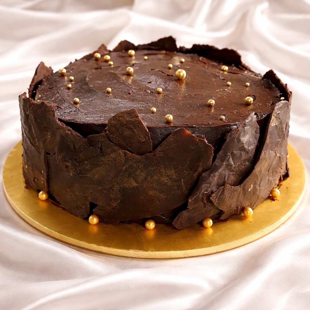 Chocolate cake with broken dark chocolate shards and gold pearls